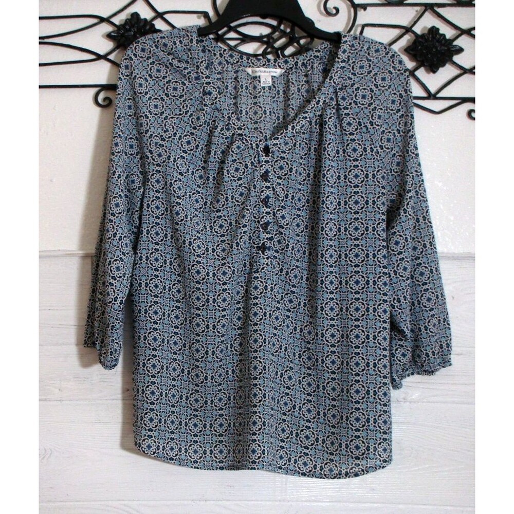 Croft & Barrow Boho Top Women's Size L Blue Long Sleeve Round Neck